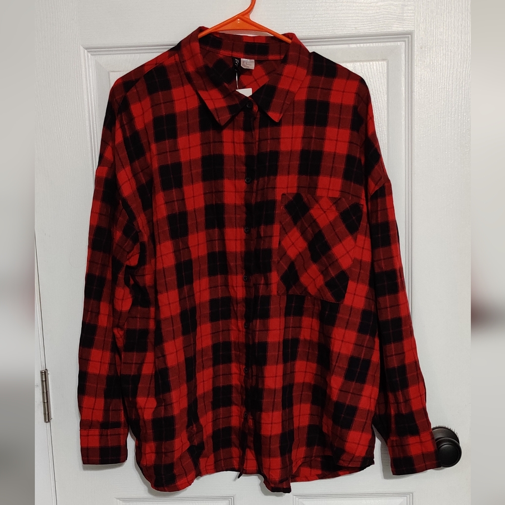 Red and Black Plaid Button-Down Shirt
